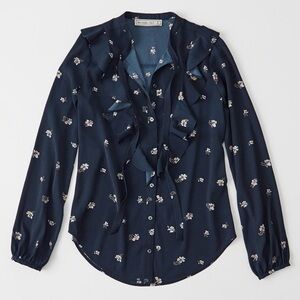 Abercrombie & Fitch Navy Blue Floral Button Front Tie Long Sleeve Ruffled Blouse
